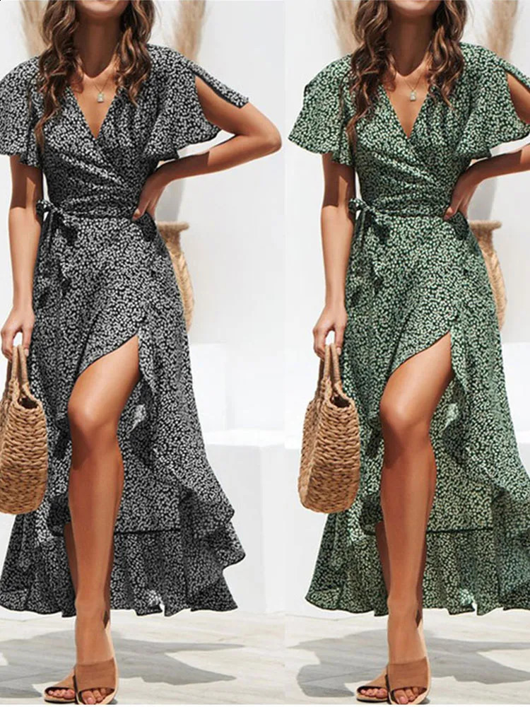 Summer beach long dress womens floral print bohemian long chiffon dress pleated bag casual V-neck split sexy party dress formal dress womens dress 241