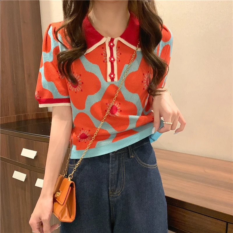 Women Puff Short Sleeve Printed Flowers Sweaters Shirts Polo Collar Cropped Thin Sweater Pullover Crop Top For Female 241231