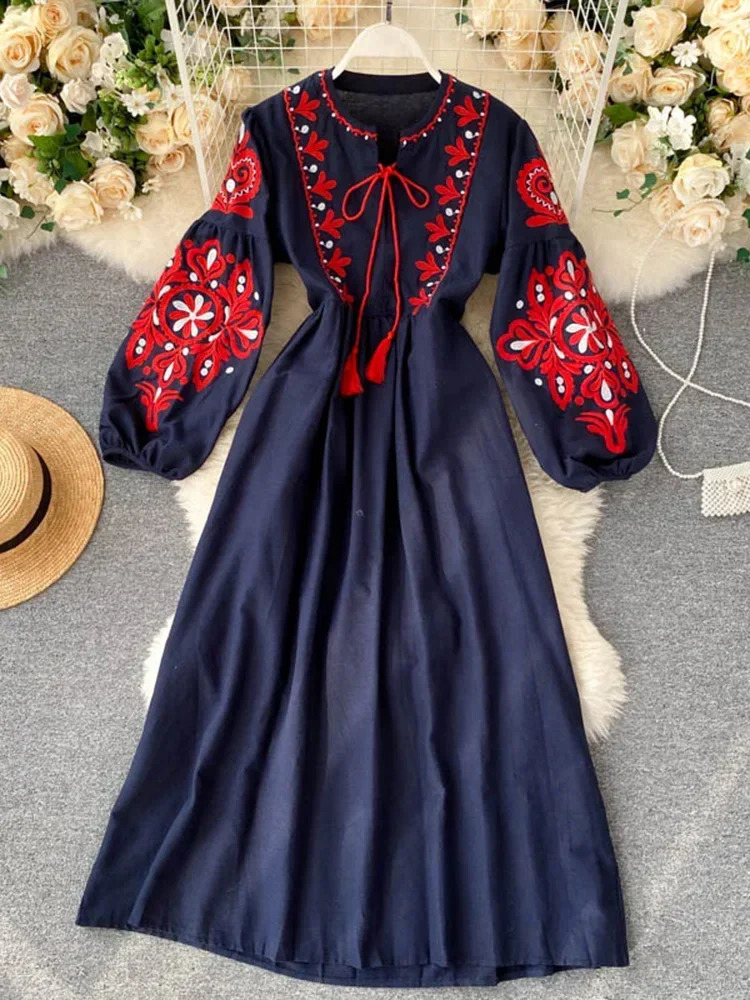 Womens Autumn Dress Bohemian Embroidered Flower O-Collar Lantern Sleeve High Waist Folded Dress Full Match Womens Vestidas PL393 241231