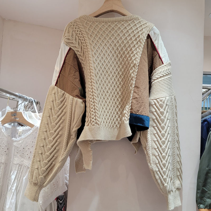 DEAT 2024 Autumn New Niche Design Irregular Splicing Knitted Sweater For Women Fashion Loose Single-Breasted Pullover 33A2043