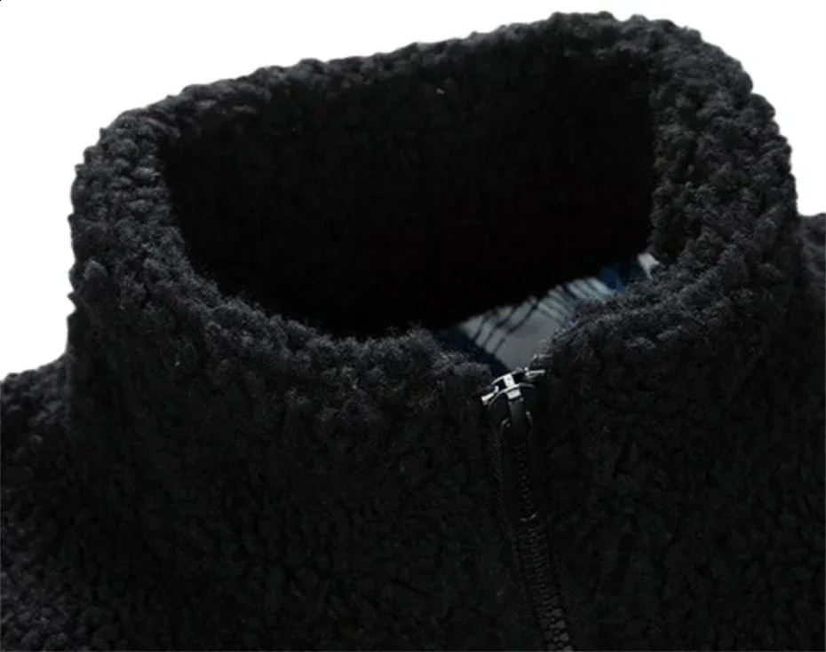 Hip Hop Winter Fleece Fluffy Jacket Streetwear Harajuku Fuzzy Zipper Coat Men Autumn Solid Color Lightweight Jackets Black 241225