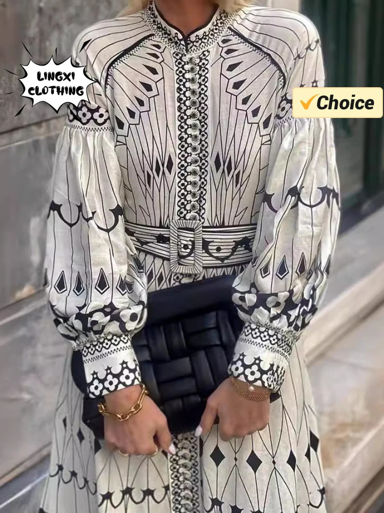 Summer Fashion Womens Bohemian Style Elegant Dress with Retro Printed Banquet Style Long Line Womens Dress 241231