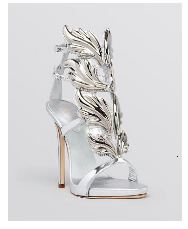 Novelty Style High Heel Open-Toe For Women Gold Leaf Decoration Sier Sandals Buckle Strap Banquet Shoes
