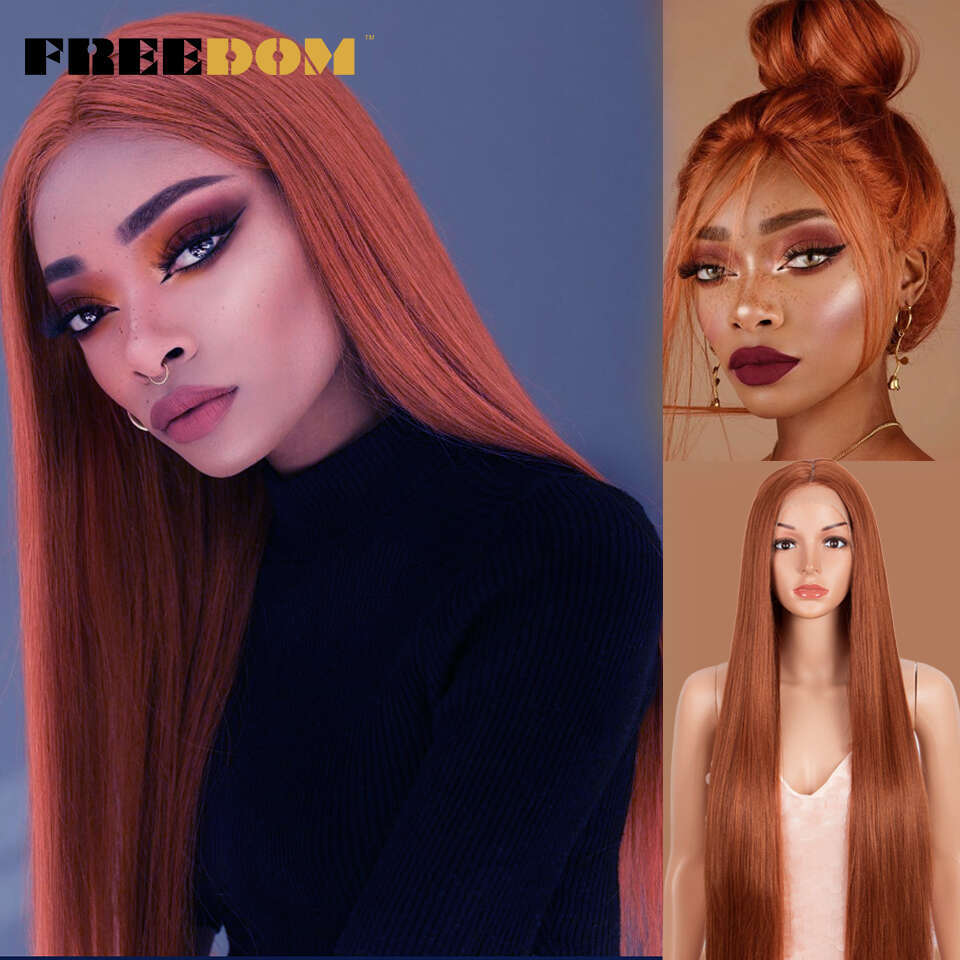 FREEDOM Synthetic Front For Women Super Long 38Inch Ombre Blonde Highlight Ginger Straight Lace Cosplay Wigs