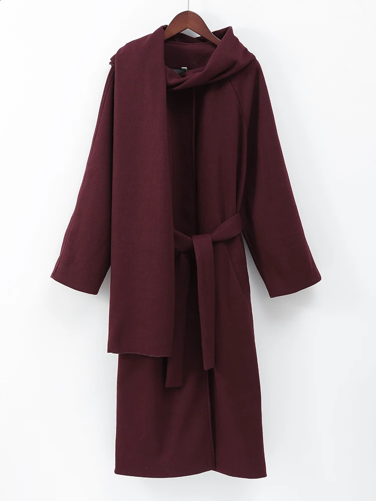 Womens Chic Burgundy Scarf Collar Woolen Long Coat Elegant Loose Full Sleeve Overcoat With Belt 2024 Autumn Winter Lady Outwear 241231Z