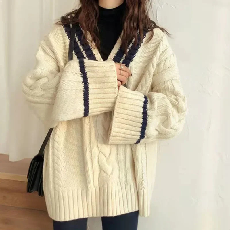 HELIAR Oversize Sweet Women Sweaters Long Sleeve V Neck Vintage Lazy Wind Knitted Pullovers Korean Patchwork Casual Loose Jumper 241231m