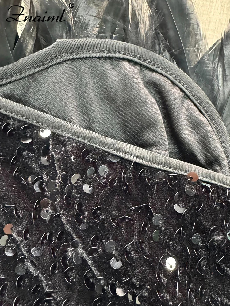 Znaiml Birthday Womens Feather Sparkle Strapless Deep V-neck Black Tight Mini Dress Sexy Club Party Night Dance Dress 241231