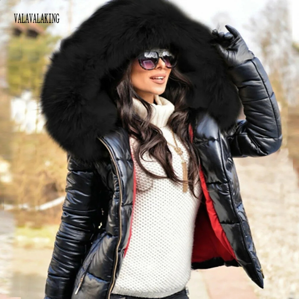 2025 Winter Plus Size Faux Fur Hooded Coat For Women Pu Leather Long Sleeve Jacket Ladies Solid Large Zipper Pocket Warm Outwear 241223