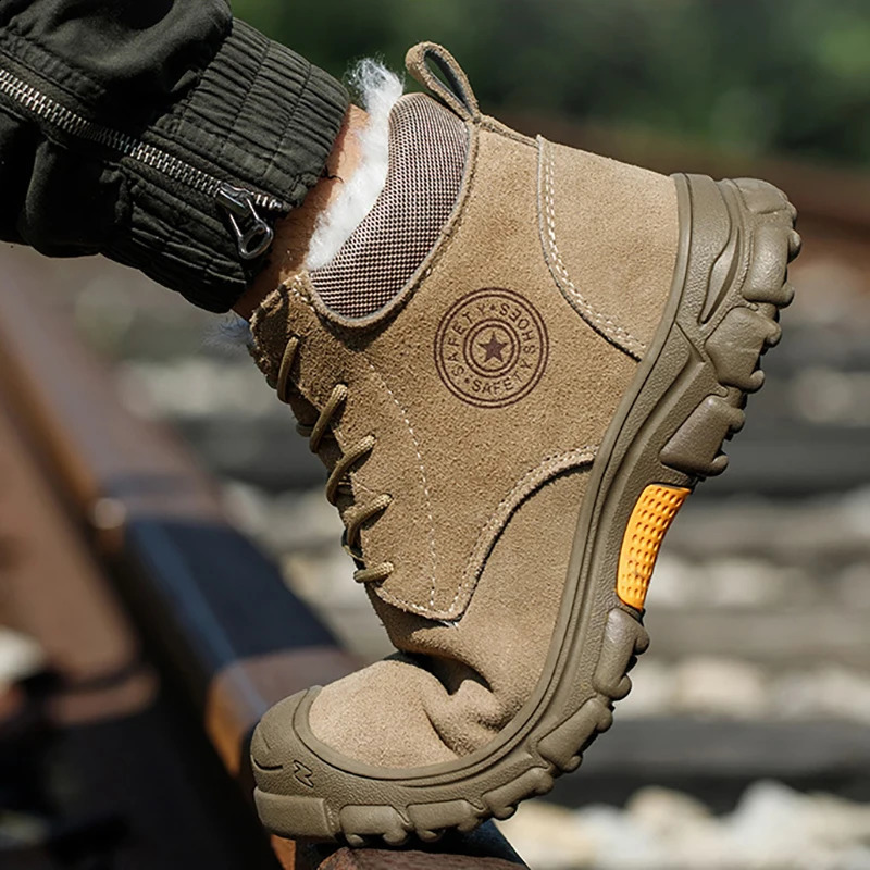 Mens High Top Cotton Boots Winter Thick Velvet Warm Safety Shoes Anti Smashing Piercing Work Boot Steel Toe Shoe 241225