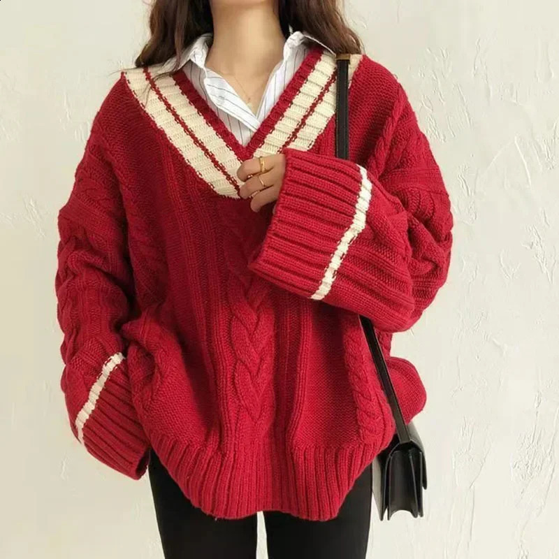 HELIAR Oversize Sweet Women Sweaters Long Sleeve V Neck Vintage Lazy Wind Knitted Pullovers Korean Patchwork Casual Loose Jumper 241231m