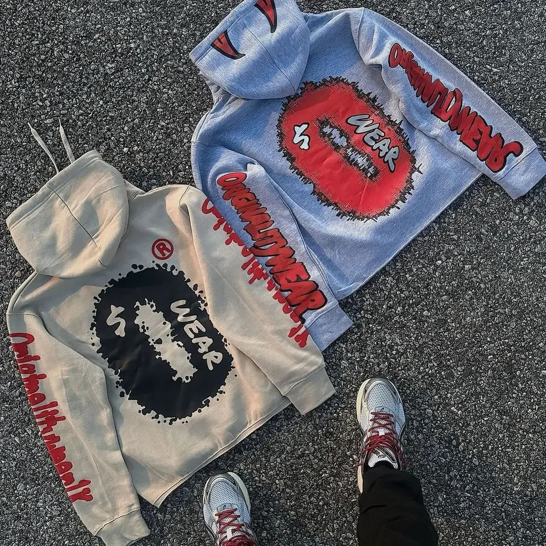 Mens letter and pattern printed hoodie autumn Y2k retro sportswear loose casual punk Harajuku long sleeved floral clothing 241231