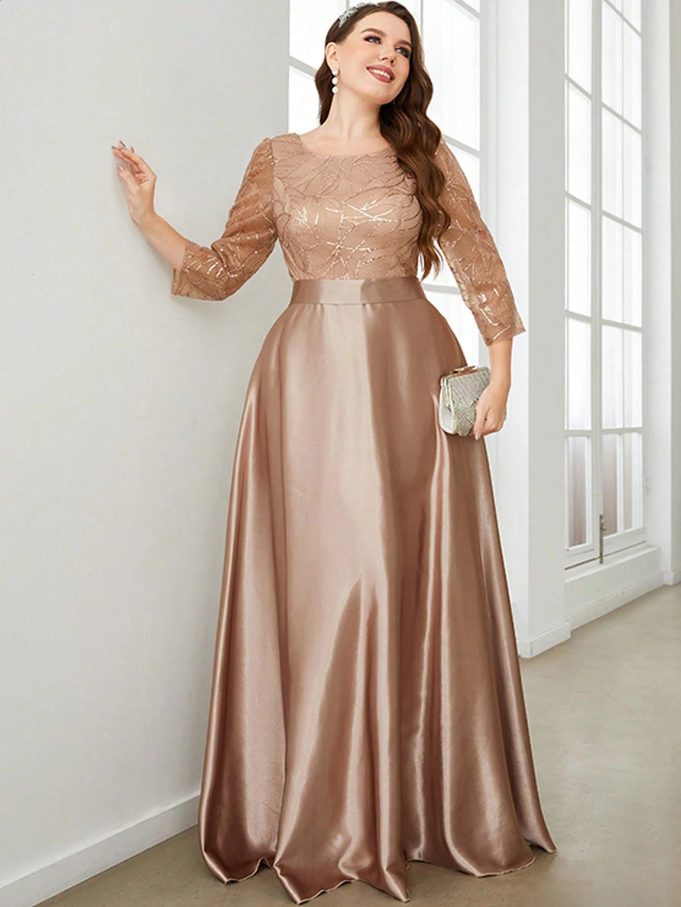 Mgiacy Crew collar long sleeved sequin patch work satin long sleeved ballroom dress party dress bridesmaid dress 241231