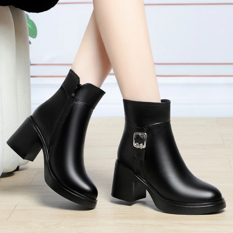 AIYUQI Women's Winter Shoes Boots Fashion High Heeled Ankle Boots Women Natural Wool Warm Boots Women