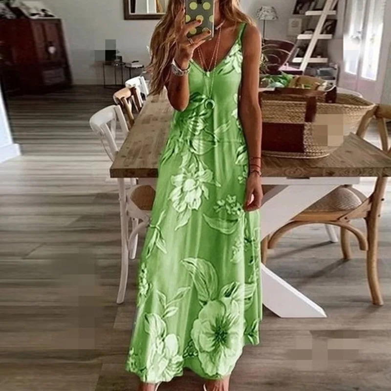 Spring Summer Dress Womens Green Printed V-neck Long Dress Casual Bohemian Sleeveless Womens Beach Party Dress 241231