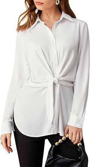 Womens Button Up Shirt Long Sleeved Waistband Lace Up Slit Dress Shirt Casual Top