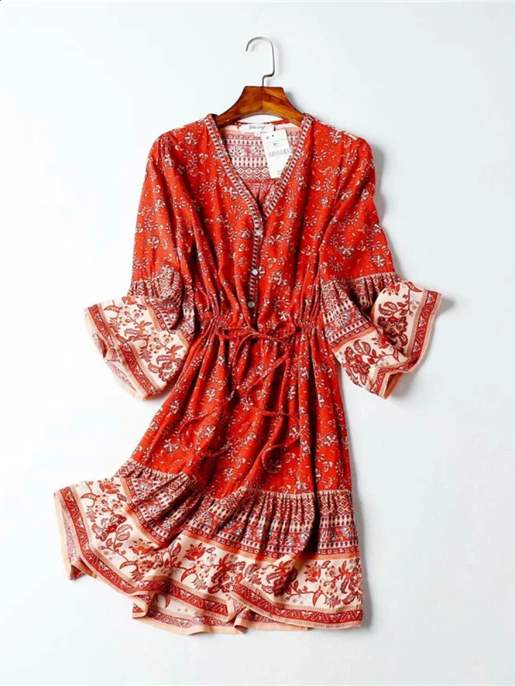 Retro Fashion Womens Hippie Printed V-neck Bohemian Mini Dress Summer Womens Sparkling Sleep Cotton Beach Bohemian Dress 241231