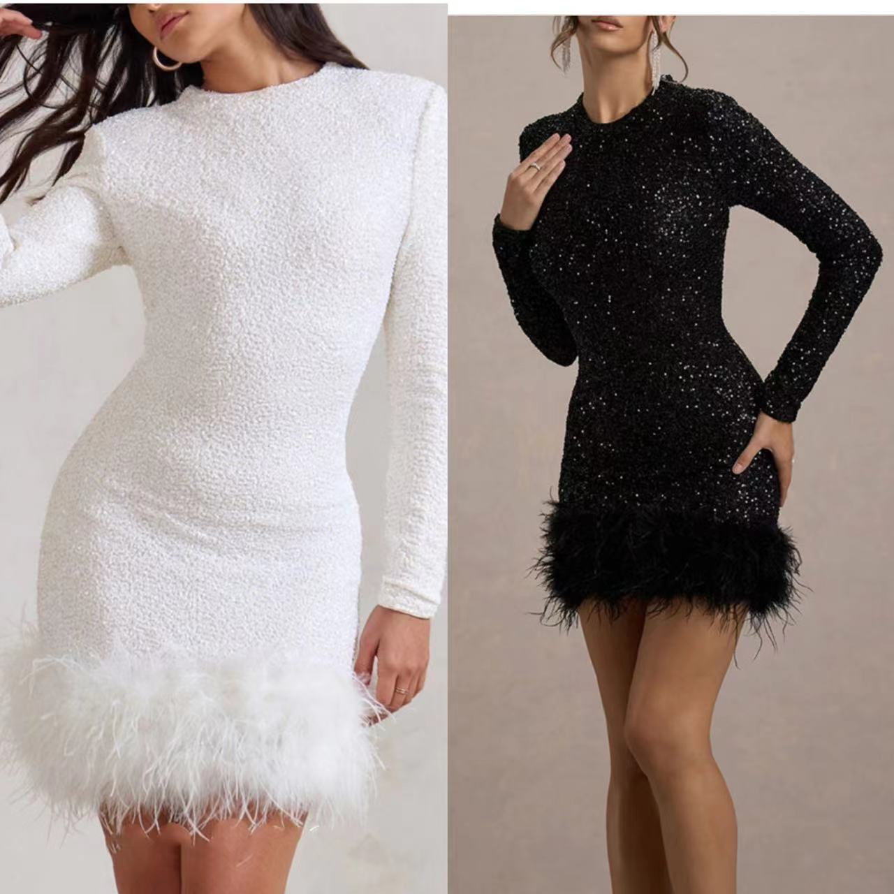 Womens Dress Long Sleeved Solid Color Sequin Feather Dress Round Neck for Women