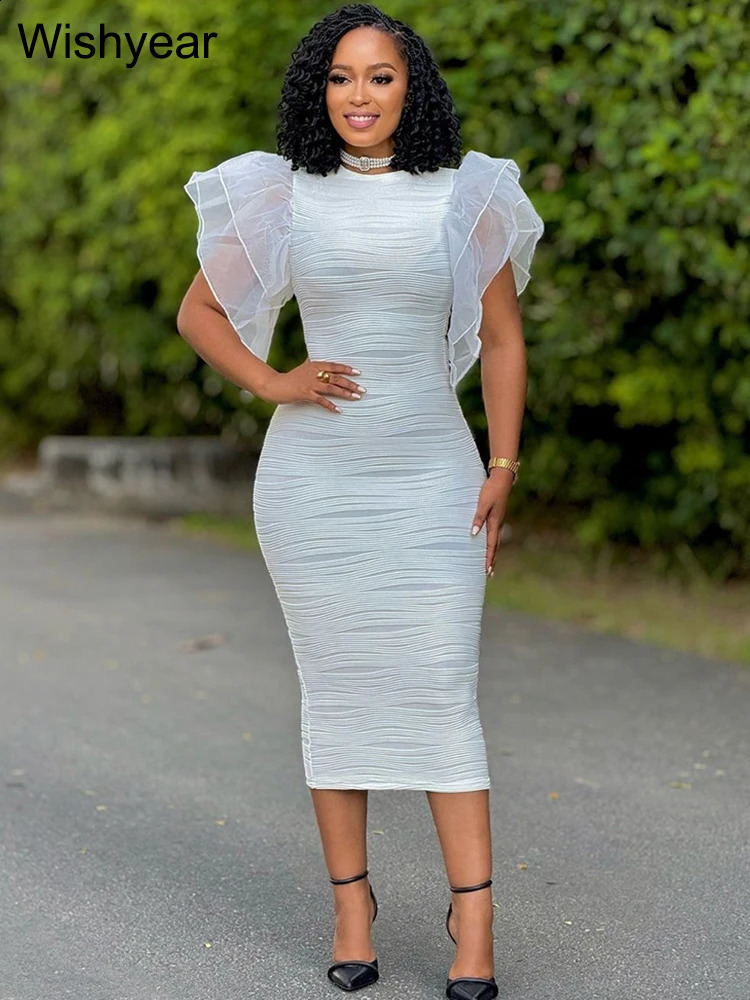 Womens O-neck Ruffle Sleeve Set Hips Bodycon Dress Fashion Office Womens Ultra Thin Pencil Evening Birthday Party Vest Dress 241231