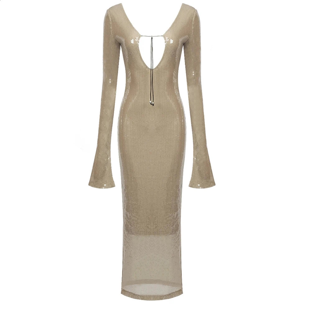 Evening gown womens elegant sequin deep V long sleeved midi dress sexy backless lace ankle long bandage party dress 241231
