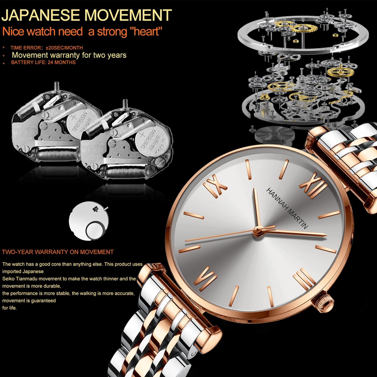 Fashion Rose Gold Stainless Steel Women Watch Elegent Japan Movement Quartz Wristwatch Simple Round Dial Waterproof 241225