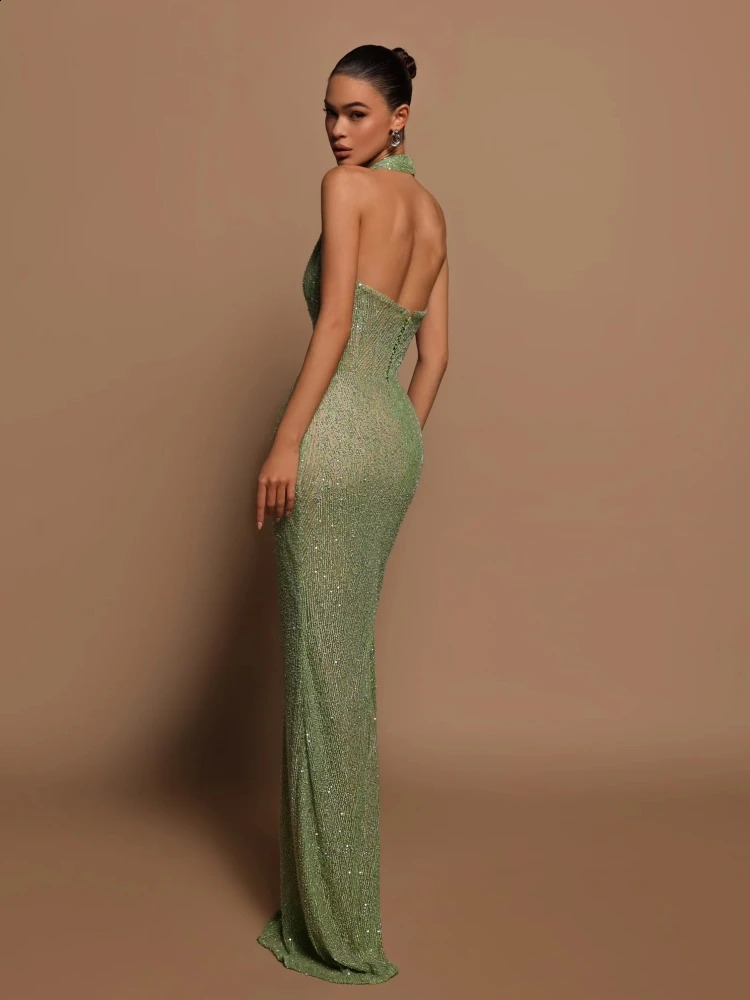 Sexy suspender deep V-neck sequined Maxi dress for women green sleeveless backless sequined extra long dress celebrity party dress 241231