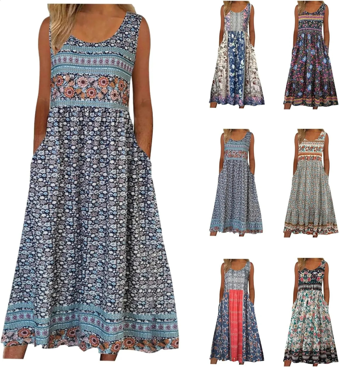 Womens sleeveless summer dress casual floral bohemian dress loose and loose beach dress Midi dress with pockets 241231