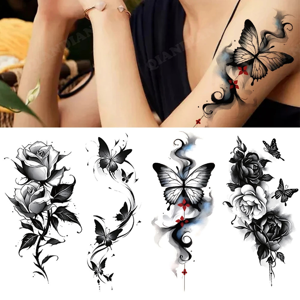 Black Flower Waterproof Temporary Tattoo Sticker Beauty Butterfly Rose for Women 3D Flash Body Arm Art Washable Tattoos 241230