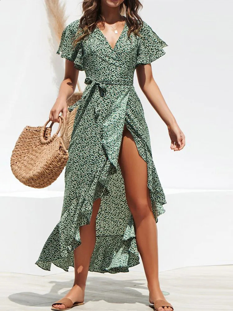Summer beach long dress womens floral print bohemian long chiffon dress pleated bag casual V-neck split sexy party dress formal dress womens dress 241
