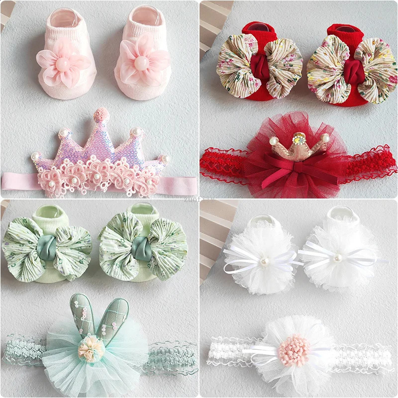 2PcsSet Lace Flower Baby Girl Headband Socks Set Kids Bow Hair Bands born Boat Sweet Princess Elastic Accessories 241230