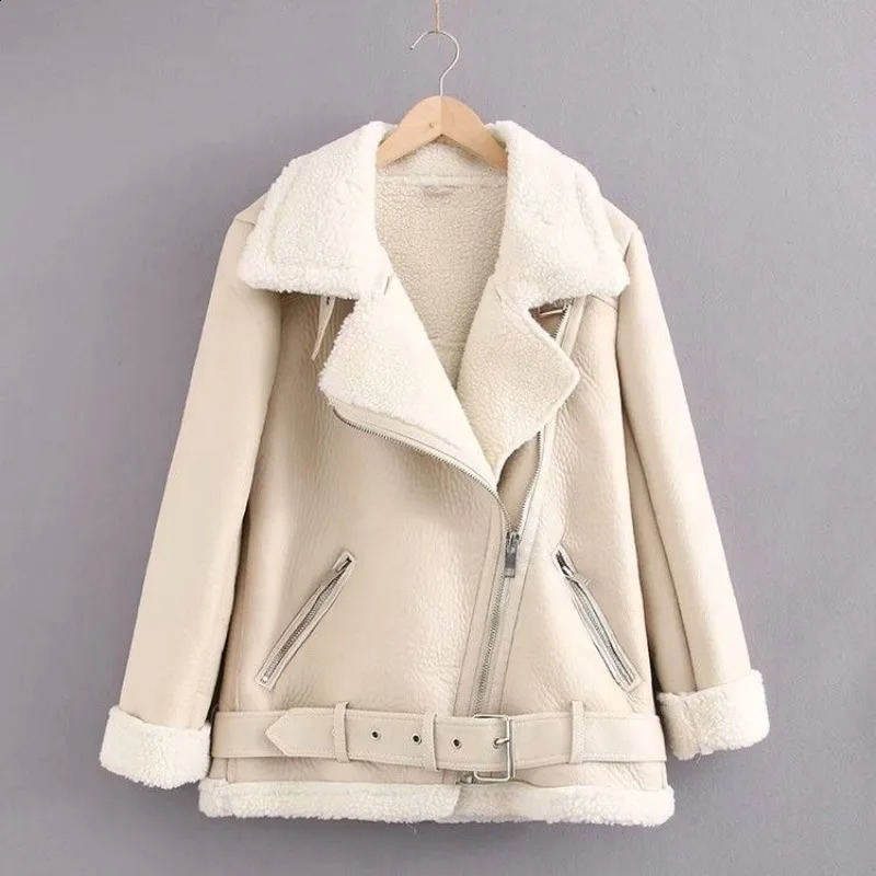 Autumn Winter Women Fur Integrated Thermal Jacket Coat Faux Leather Longsleeved Lapel Padded Warm Chic Female Outerwear 241223