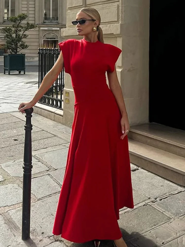 Fashion shoulder pad O-neck red Maxi dress for women elegant sleeveless long sleeved womens fashion party high street dress 241231