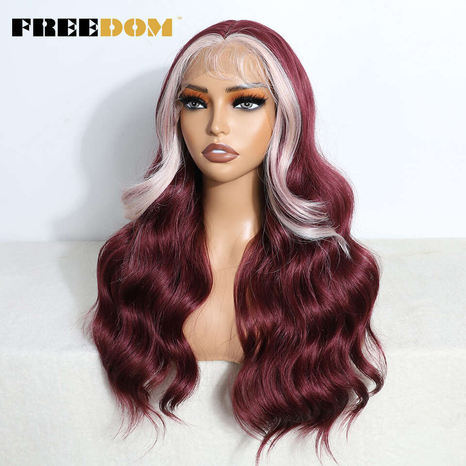 FREEDOM Synthetic Lace Front For Women 22 Inch Body Wave Ombre Brown Blonde Wine Red Wig Easy Wear White Cosplay Wigs