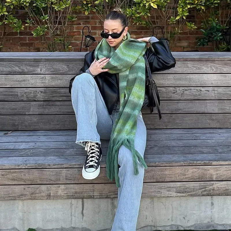 Home>Products> Retro Cashmere Scarf Womens Fashion Green Moher Striped Scarf Korean Classic Thick Warm Soft Shawl 241230