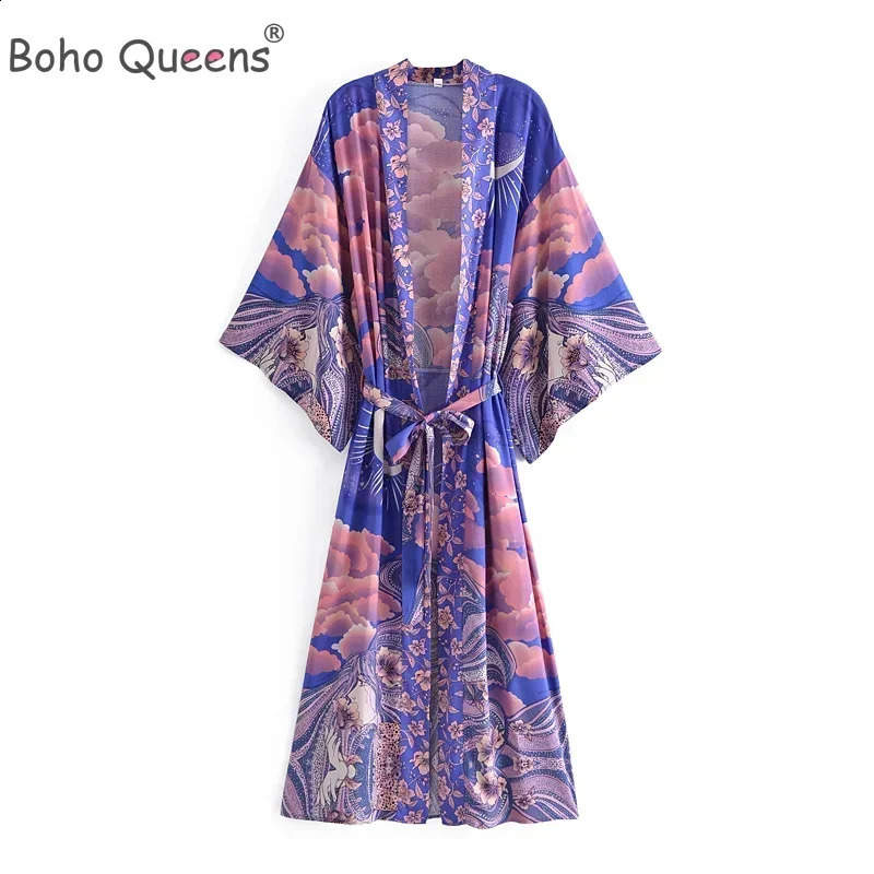 Bohemian Queen Womens Fashion Star and Moon Flower Printed Bat Sleeve Beach Bohemian Kimono Dress Womens Summer Bikini Top 241231