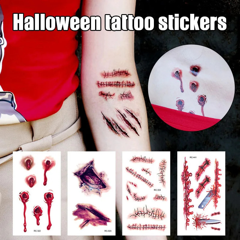 Halloween Scar Temporary Tattoo Sticker Zombie Party Supplies Cosplay Props Wound Bloodstain Pattern Makeup 241230