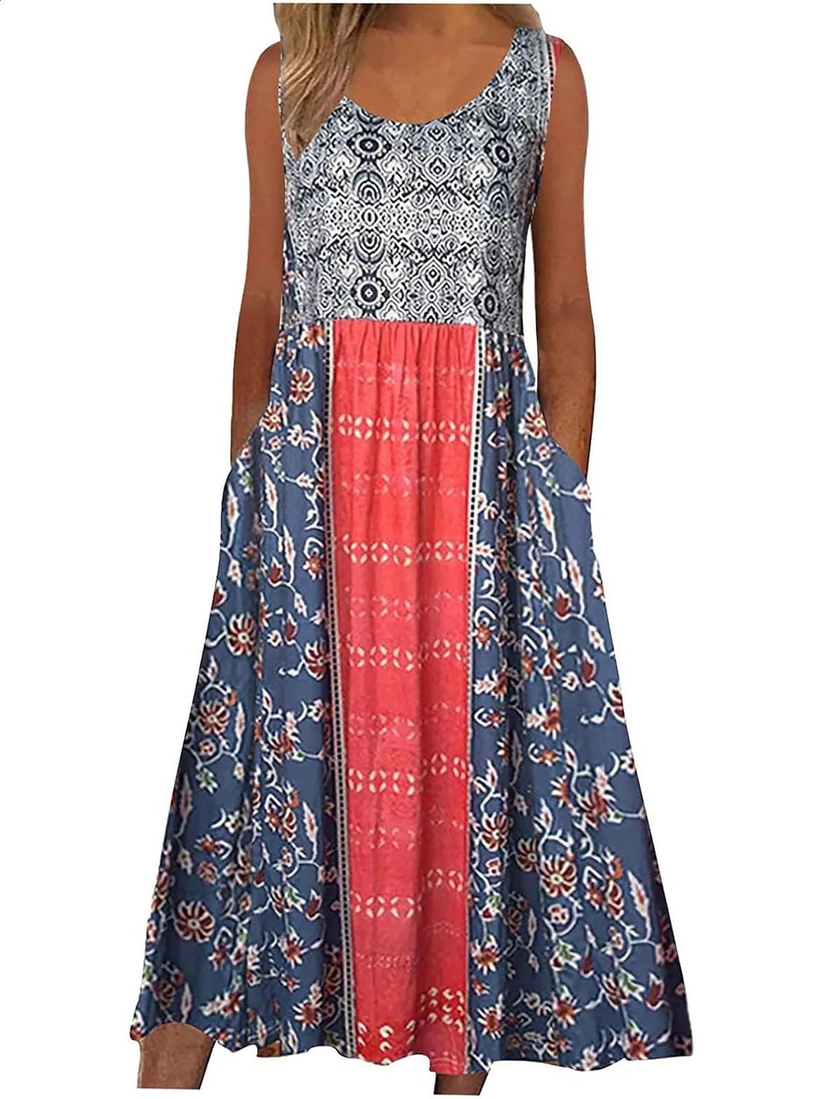 Womens sleeveless summer dress casual floral bohemian dress loose and loose beach dress Midi dress with pockets 241231