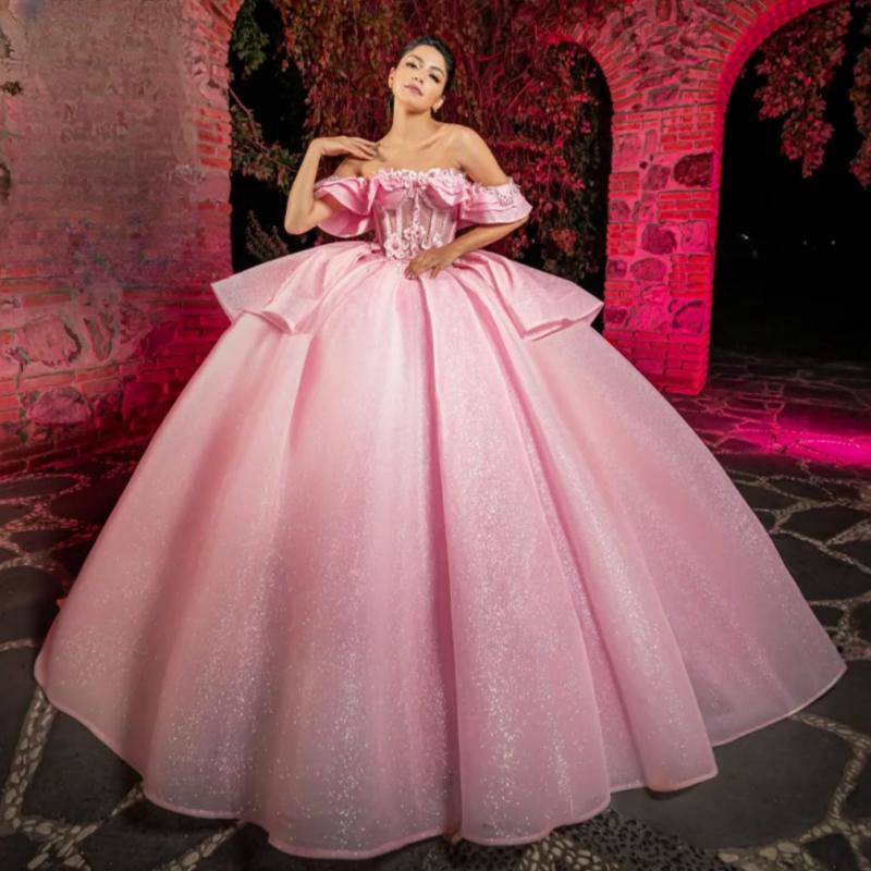 Light Pink Quinceanera Dresses Ball Gown Off The Shoulder Applique Lace Beads Tull Party Birthday Sweet 16 Vestido De 15 Anos