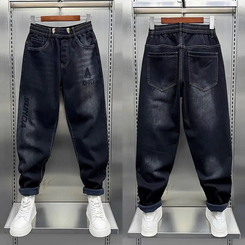 Black casual jeans with letter printing elements street wanderer fashion harem pants mens clothing 241230