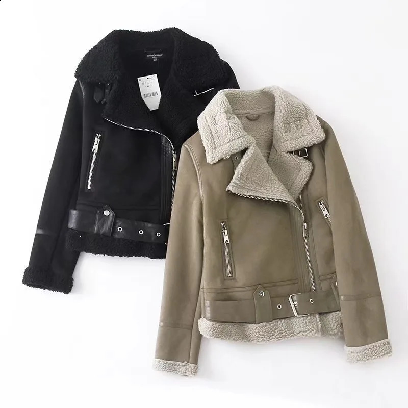 Winter Suede Jacket Faux Fur Lambwool Coat with Belts Casual Thick Warm Biker Jackets Zipper Oversize Leather Windbreaker 250103Z