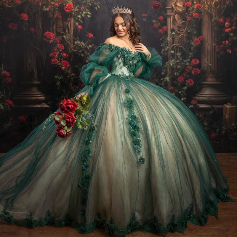 Green Shiny Quinceanera Dresses Off The Shoulder Lace Applique Beads Bow Tull Puff Sleeve Ball Gown Birthday Party Sweet 16 Vestidos De 15 Anos
