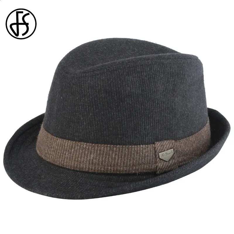FS Vintage Black Wool Felt Wide Brim Fedora Hats For Men Striped Gangster Trilby Hat Autumn Winter Panama Jazz Cap Chapeau Homme 241231