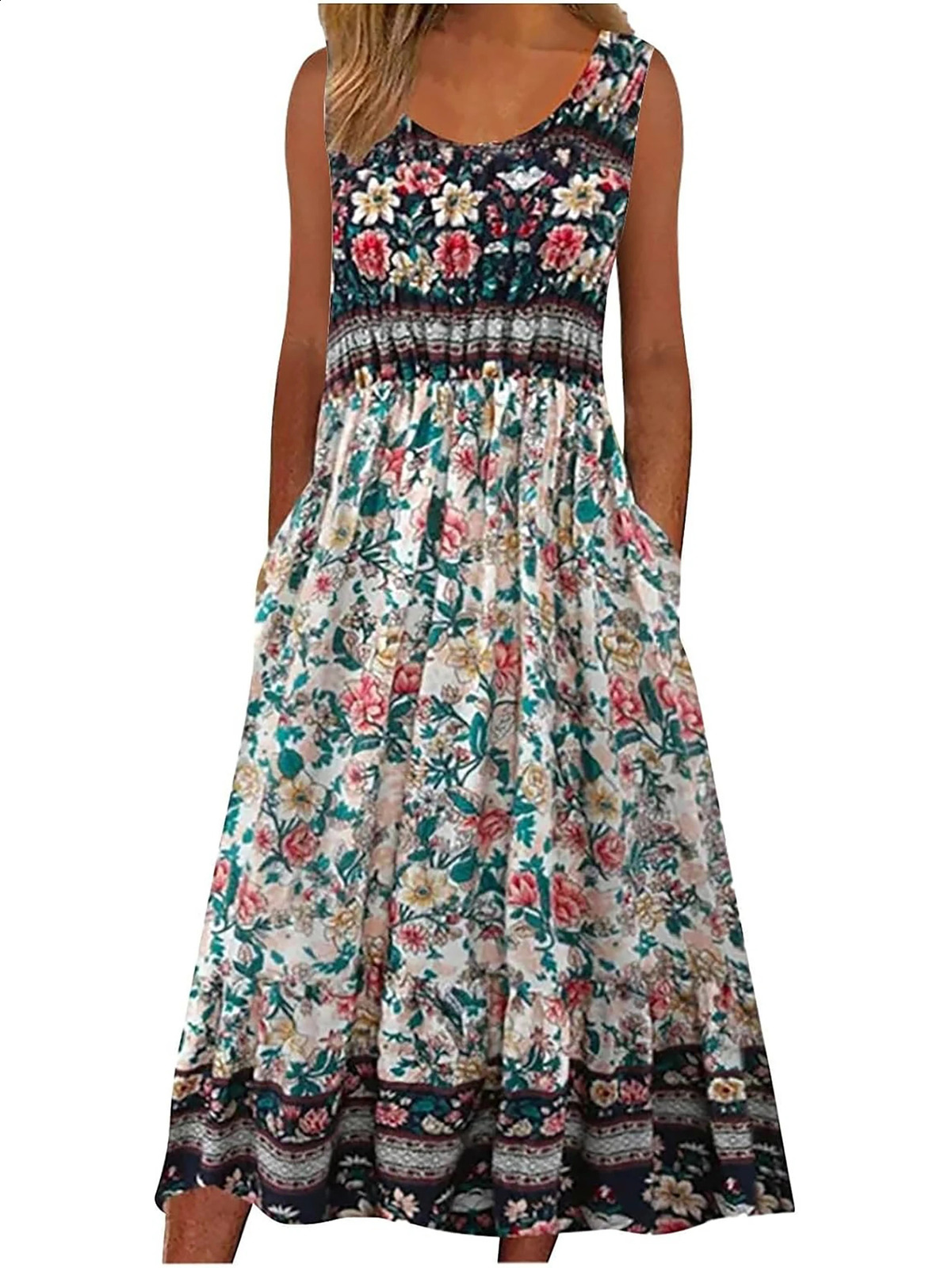 Womens sleeveless summer dress casual floral bohemian dress loose and loose beach dress Midi dress with pockets 241231