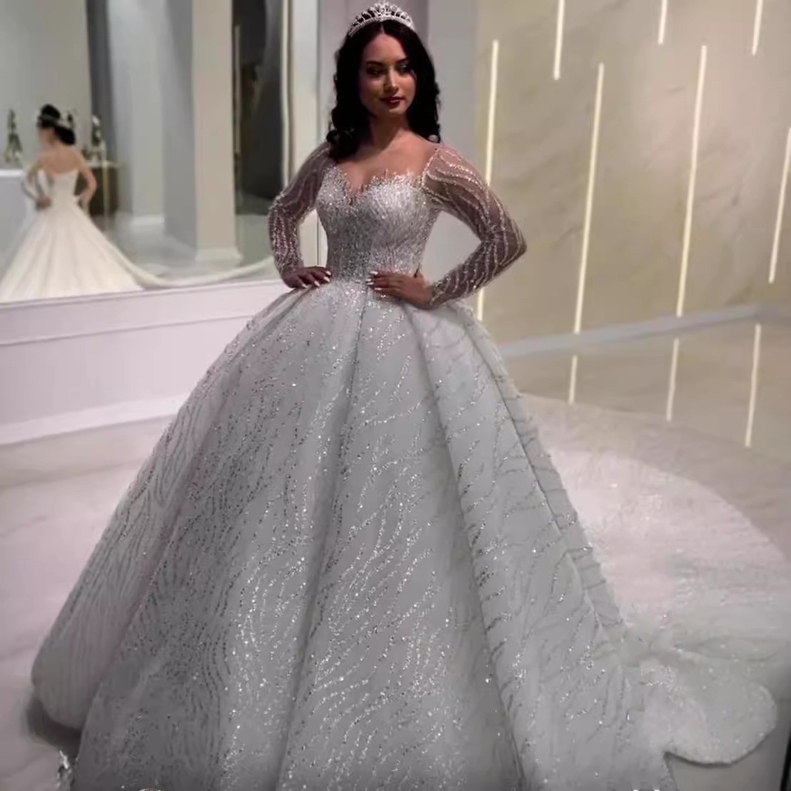 Quality High Ball Gown Wedding Dress Sweetheart Pearls Beads Embroidery Sequins Train Bridal Bride Gowns Arabic Dubai Vestidos De Novia s