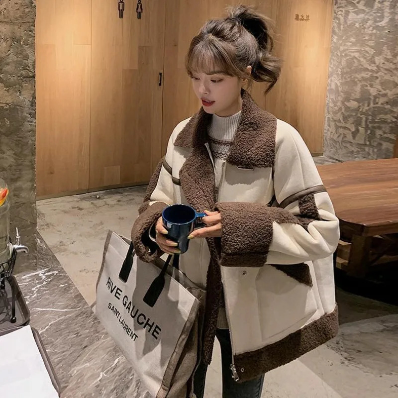 Korea Fashion Lambswool Fur Coat Women Y2K Winter Thickened Vintage Stitching Short Leather Motorcycle Clothing 241223