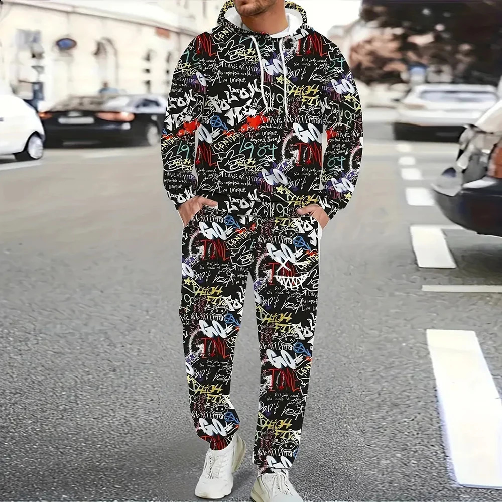 Font symbol 3D printing sports shirt set mens autumn/winter casual sports shirt jumping mens sports shirt set fashionable mens set 241231