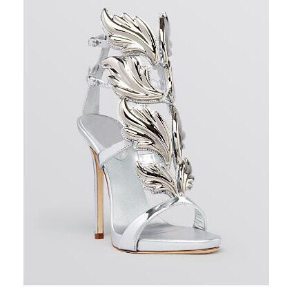 Novelty Style High Heel Open-Toe For Women Gold Leaf Decoration Sier Sandals Buckle Strap Banquet Shoes