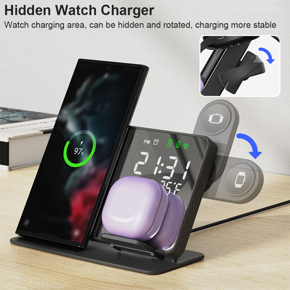 Wireless Phone Charger & 3-in-1 Charging Stand for Smartwatches and Phones with Integrated Alarm Clock Feature