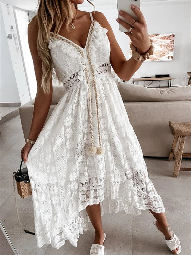 Womens lace bohemian style long dress solid color deep V-neck sleeveless beachwear high waisted A-line summer womens wild suspender dress 241231