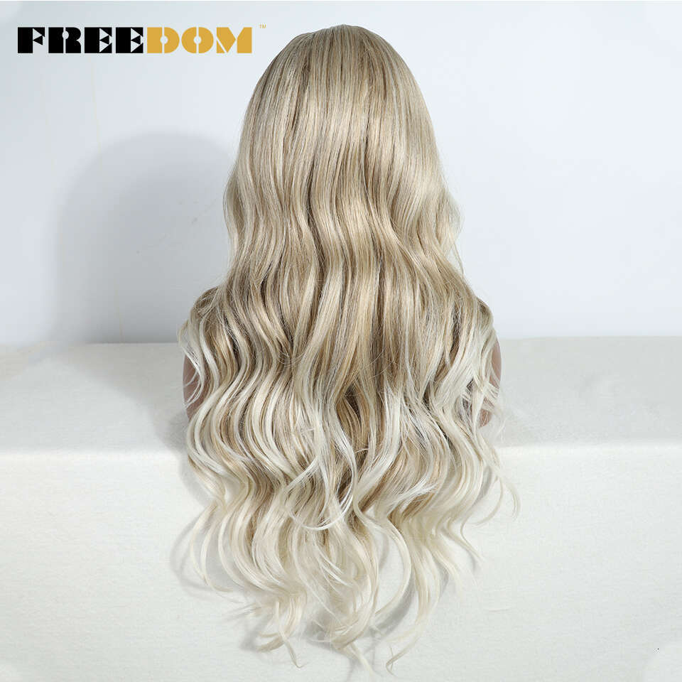 FREEDOM Body Wave Synthetic Front Wigs For Women 30" Long Ombre Brown Blonde Highlight Lace Heat Resistant Cosplay Wig