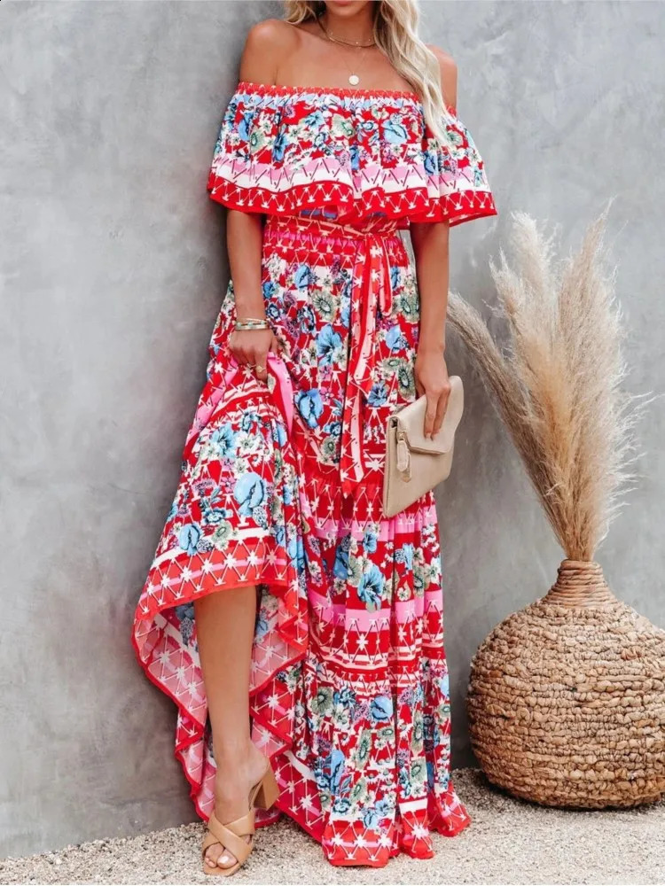 Summer Womens Printed Bohemian Dress Fashionable and Sexy Slant Neck Womens Long Dress Casual and Elegant Party Vestdos Dress Womens Dress 241231